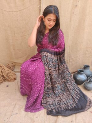 Ajrakh Bandhej Saree - Image 13