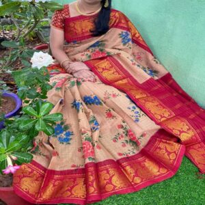 Floral Cotton Saree with Zari border - Image 2