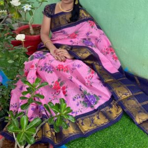 Floral Cotton Saree with Zari border - Image 3