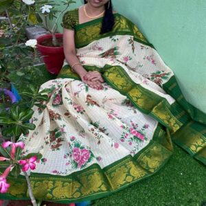 Floral Cotton Saree with Zari border - Image 4