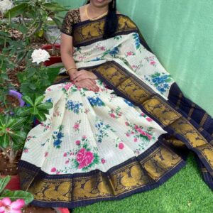 Floral Cotton Saree with Zari border - Image 5