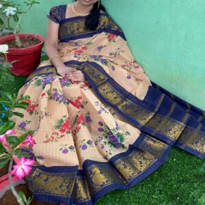 Floral Cotton Saree with Zari border - Image 6