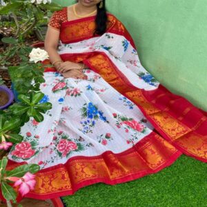 Floral Cotton Saree with Zari border - Image 11