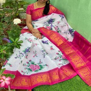 Floral Cotton Saree with Zari border - Image 7