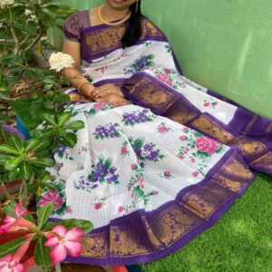 Floral Cotton Saree with Zari border - Image 9