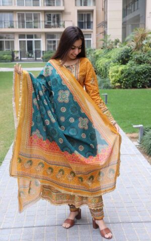 Elegant Pure Cotton Kurta+Pant+Dupatta set