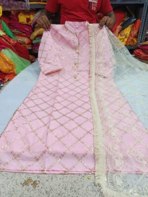 Chanderi Kurti paired with Organza Dupatta