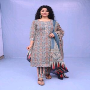 Handblock Kurti Pant Dupatta set - Image 11