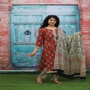 Handblock Kurti Pant Dupatta set - Image 13