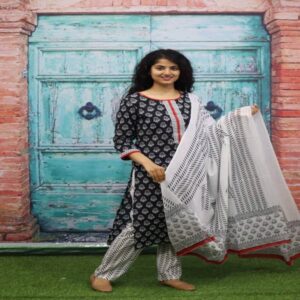 Handblock Kurti Pant Dupatta set - Image 18