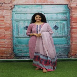 Handblock Kurti Pant Dupatta set - Image 26
