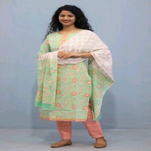 Handblock Kurti Pant Dupatta set - Image 29