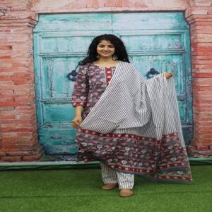 Handblock Kurti Pant Dupatta set - Image 31