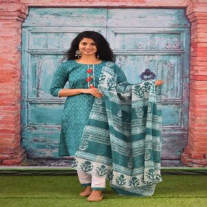 Handblock Kurti Pant Dupatta set - Image 32