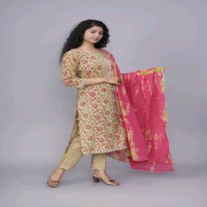Handblock Kurti Pant Dupatta set - Image 33