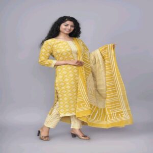 Handblock Kurti Pant Dupatta set - Image 34