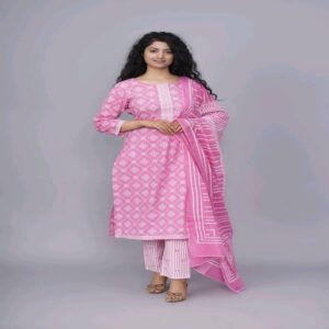 Handblock Kurti Pant Dupatta set - Image 35