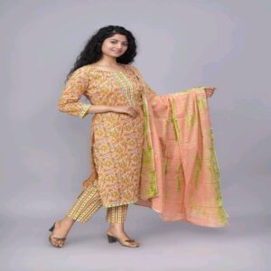 Handblock Kurti Pant Dupatta set - Image 37