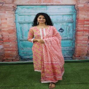 Handblock Kurti Pant Dupatta set - Image 38