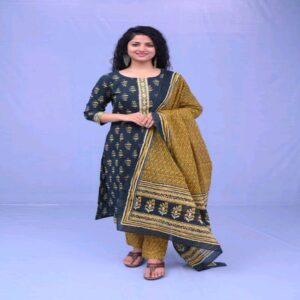 Handblock Kurti Pant Dupatta set - Image 39