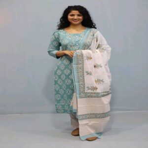 Handblock Kurti Pant Dupatta set - Image 40