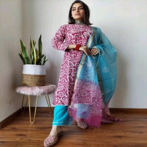 Handblock Kurti Pant Dupatta set - Image 41