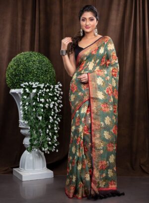 Linen Floral Saree - Image 3