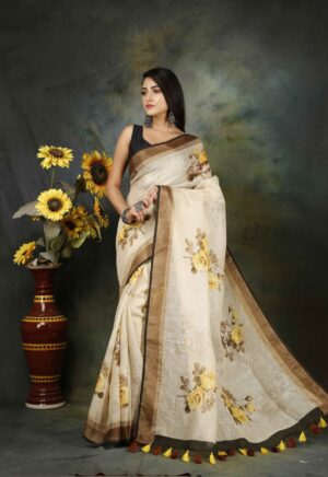 Linen Floral Saree - Image 24