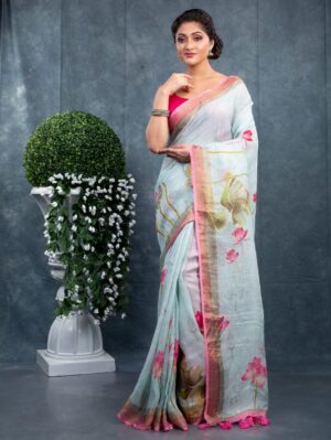 Linen Floral Saree - Image 19
