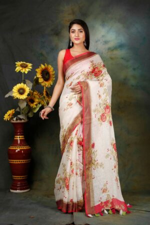 Linen Floral Saree - Image 5